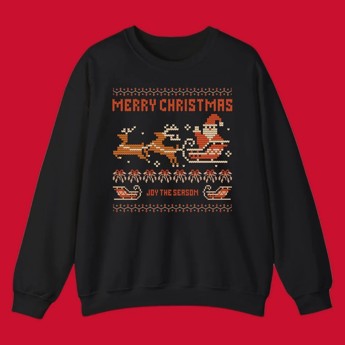 Santa sleigh and reindeer with Merry Christmas text, ugly holiday design.