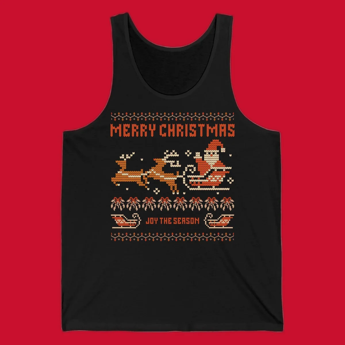 Santa sleigh and reindeer with Merry Christmas text, ugly holiday design.