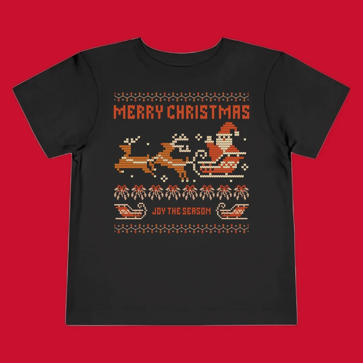 Santa sleigh and reindeer with Merry Christmas text, ugly holiday design.