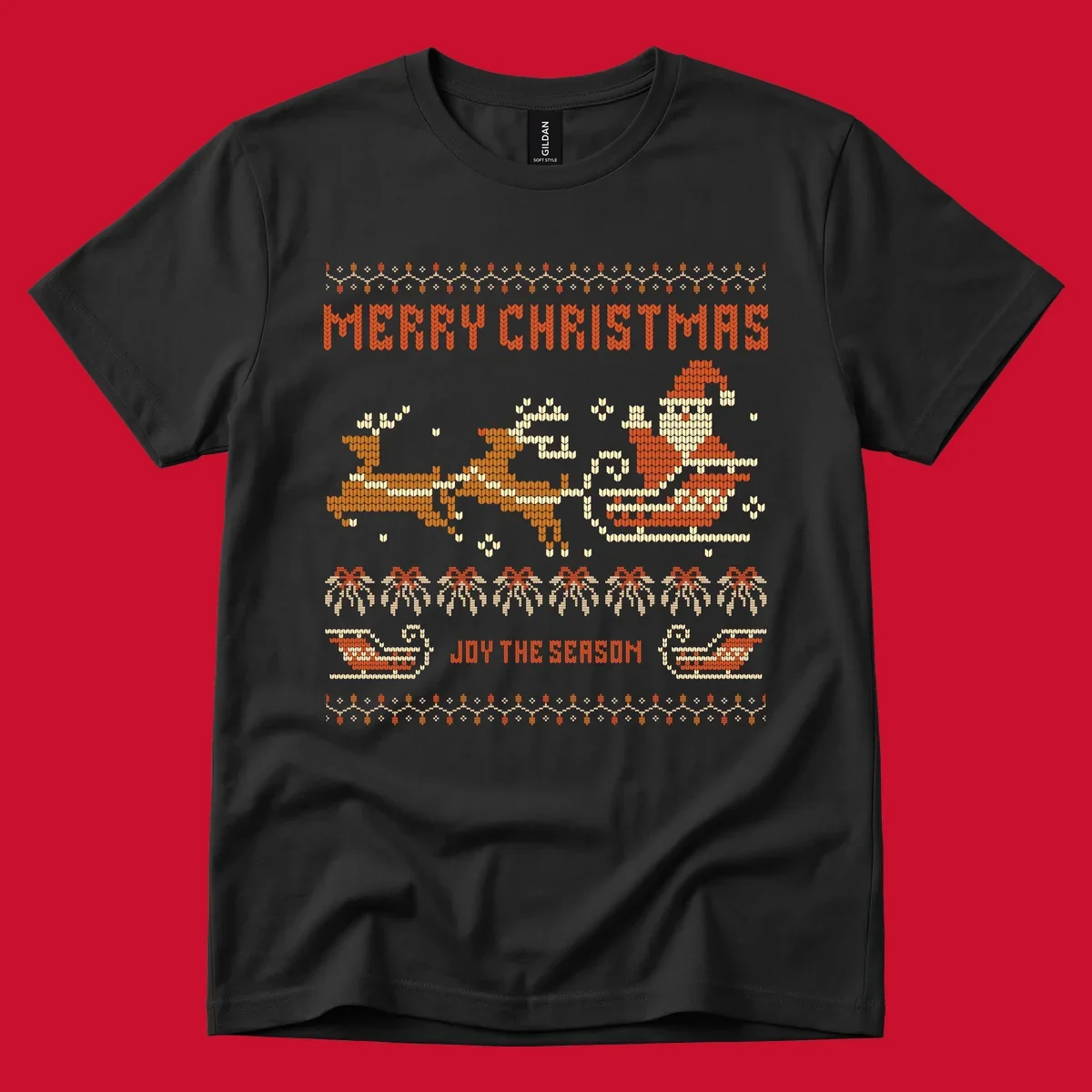 Santa sleigh and reindeer with Merry Christmas text, ugly holiday design.