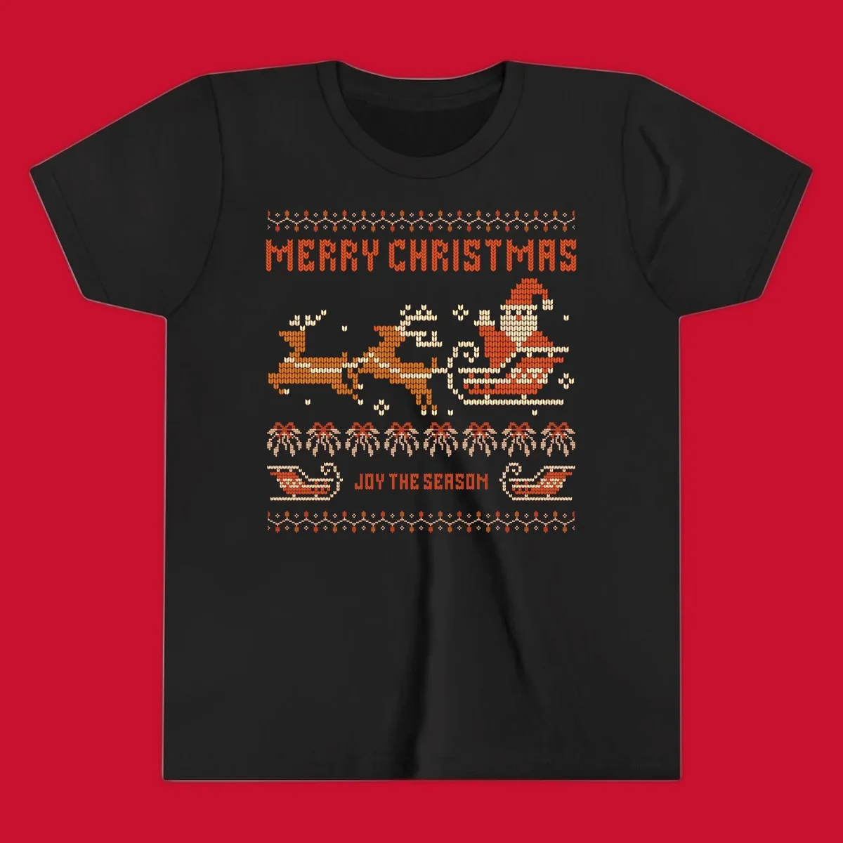 Santa sleigh and reindeer with Merry Christmas text, ugly holiday design.