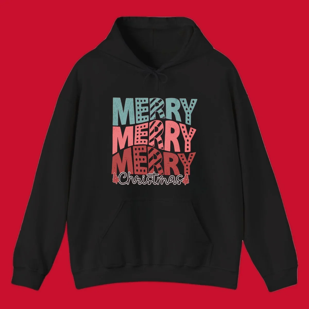 Merry Merry Merry Christmas text design with stacked letters and Christmas trees.