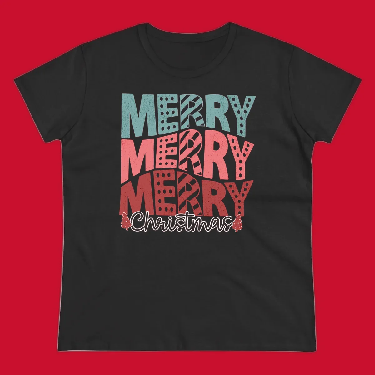 Merry Merry Merry Christmas text design with stacked letters and Christmas trees.