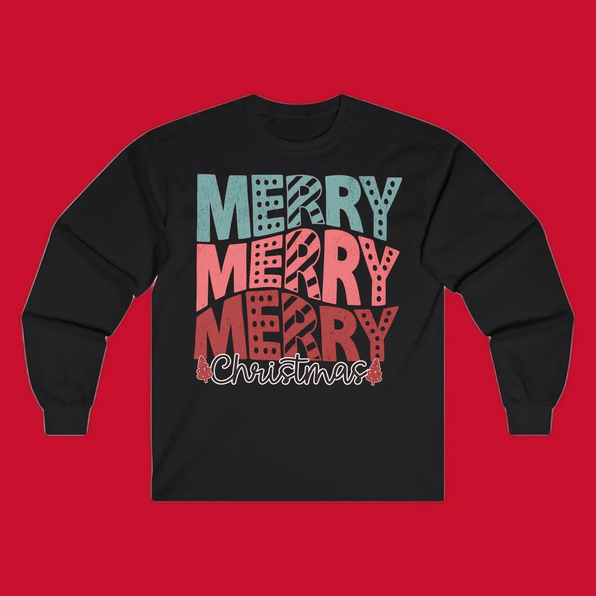 Merry Merry Merry Christmas text design with stacked letters and Christmas trees.