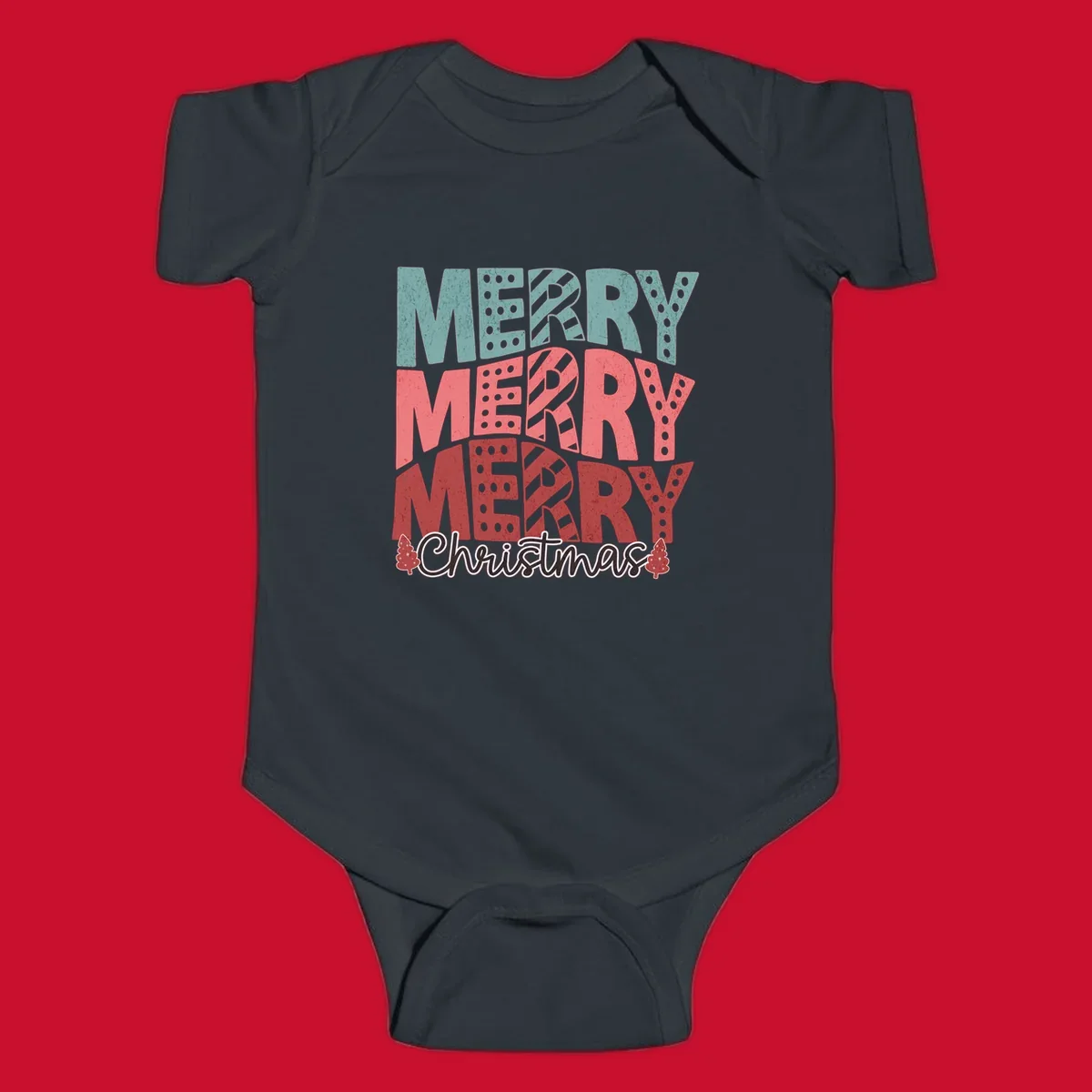 Merry Merry Merry Christmas text design with stacked letters and Christmas trees.