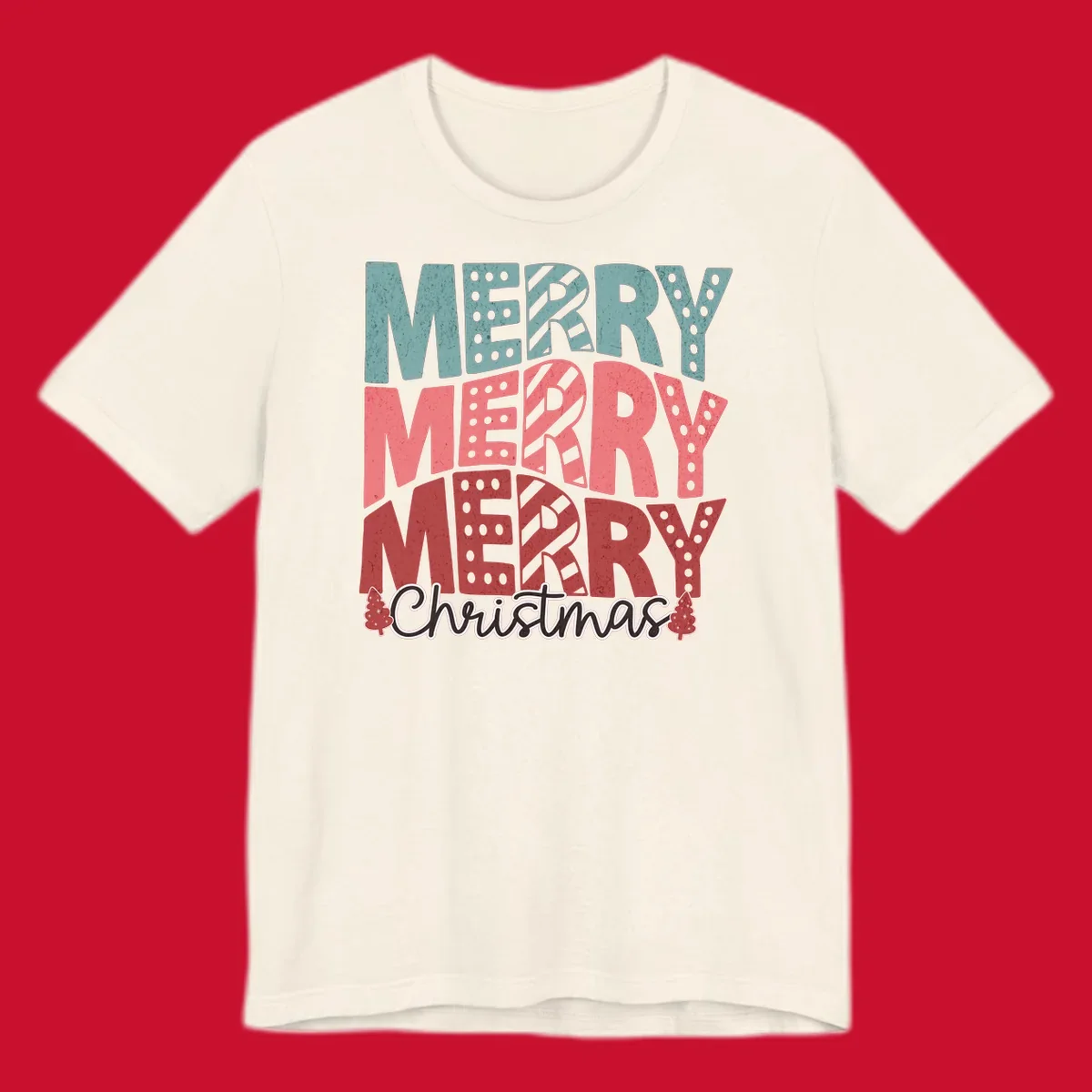 Merry Merry Merry Christmas text design with stacked letters and Christmas trees.