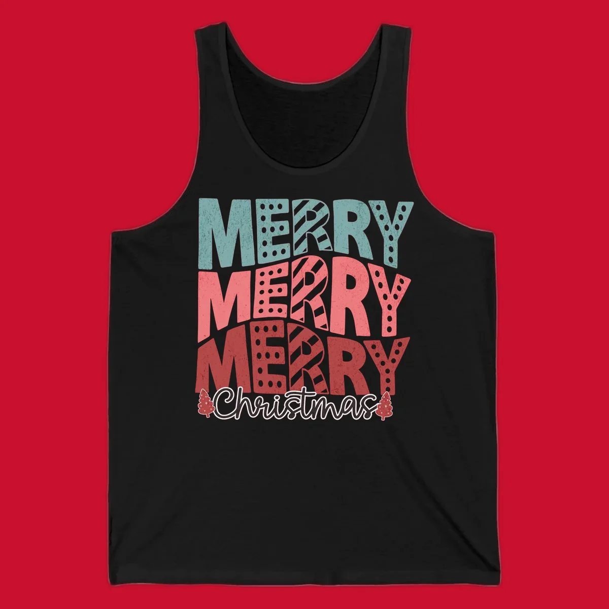 Merry Merry Merry Christmas text design with stacked letters and Christmas trees.