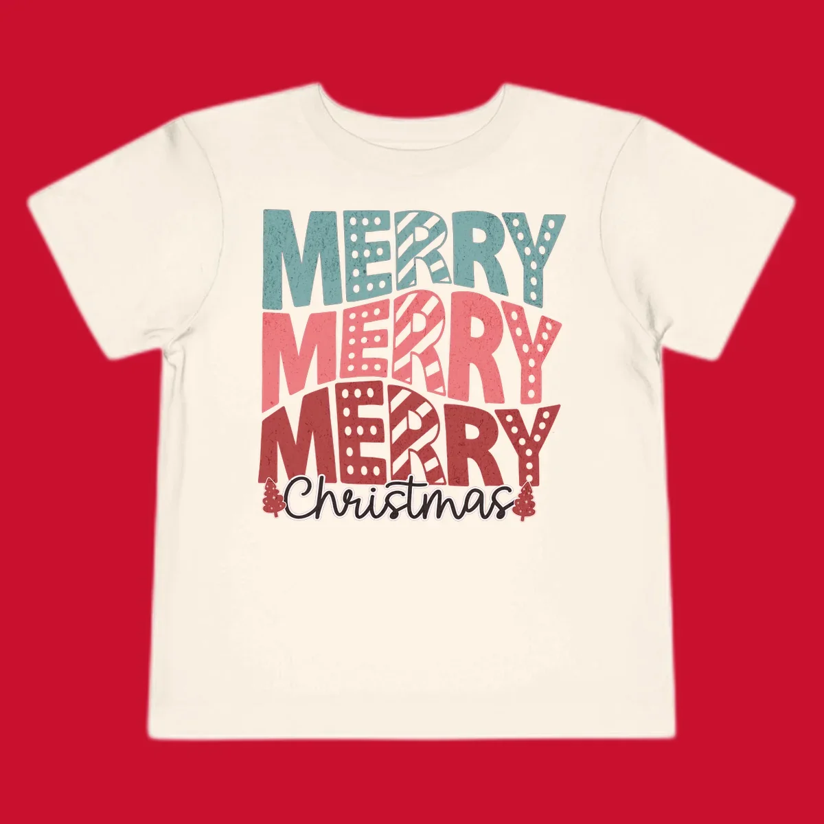 Merry Merry Merry Christmas text design with stacked letters and Christmas trees.