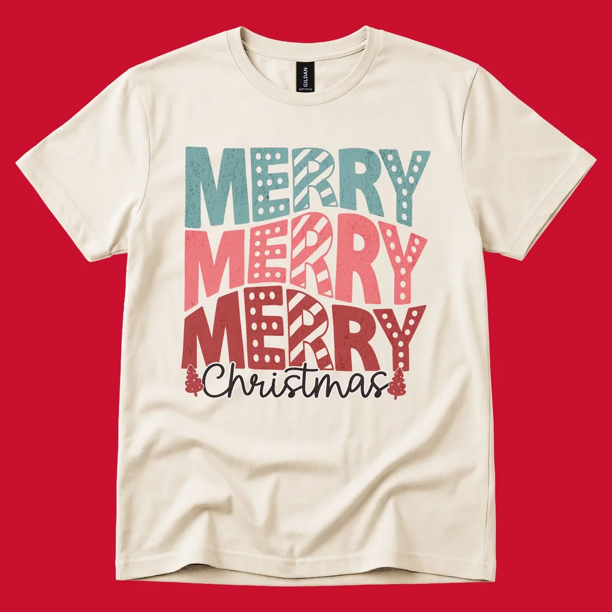 Merry Merry Merry Christmas text design with stacked letters and Christmas trees.