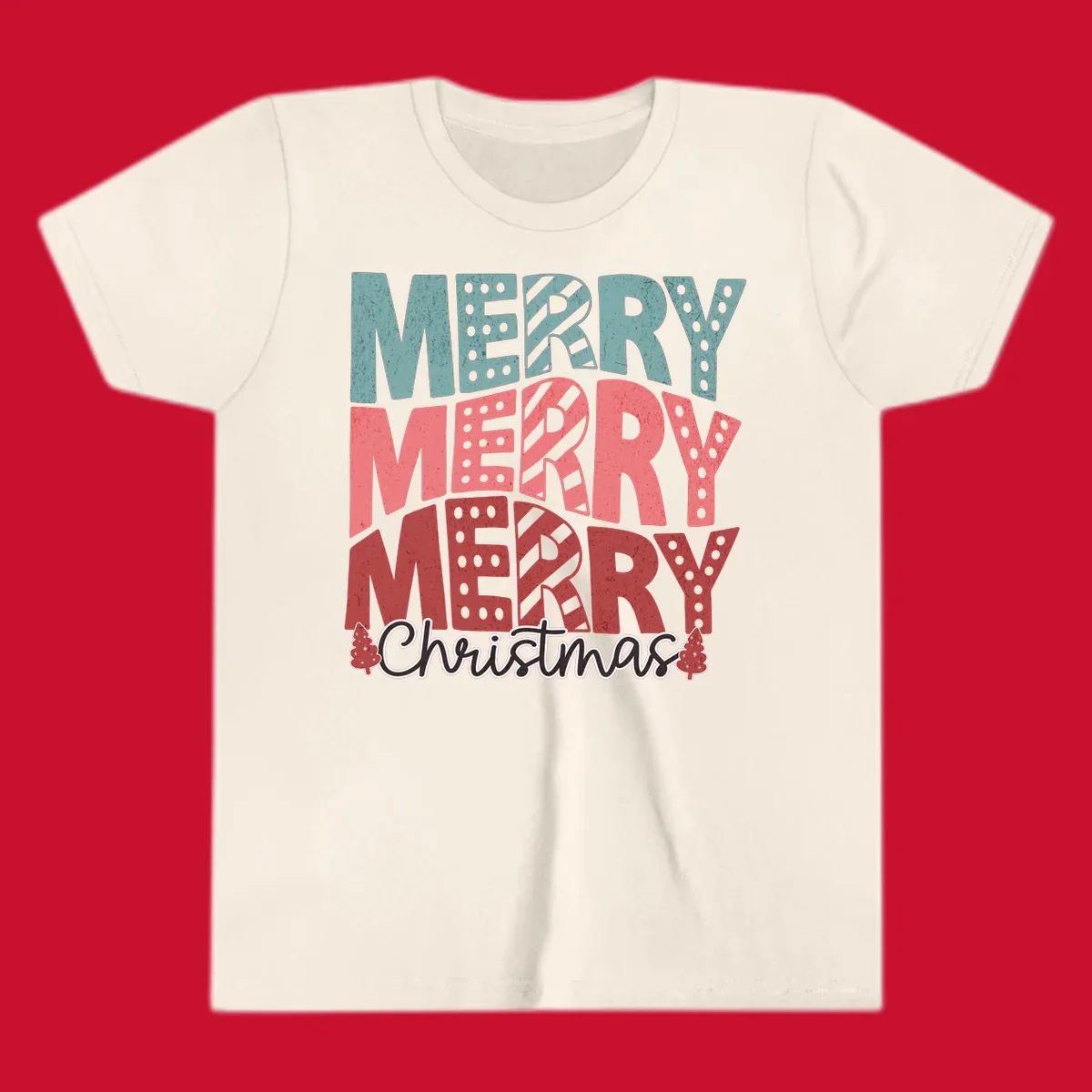 Merry Merry Merry Christmas text design with stacked letters and Christmas trees.