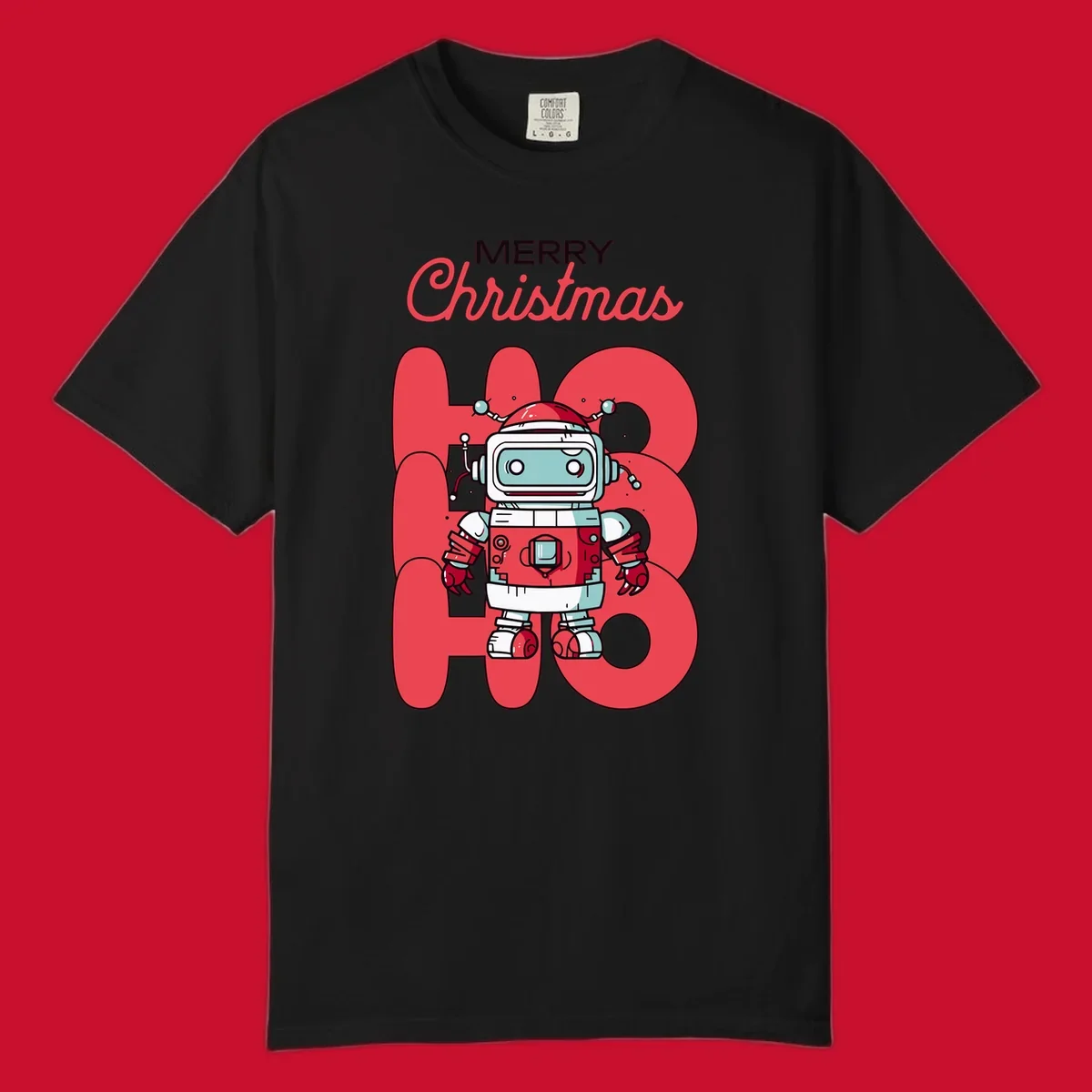 Robot wearing a Santa hat with Merry Christmas text and HO HO HO background.