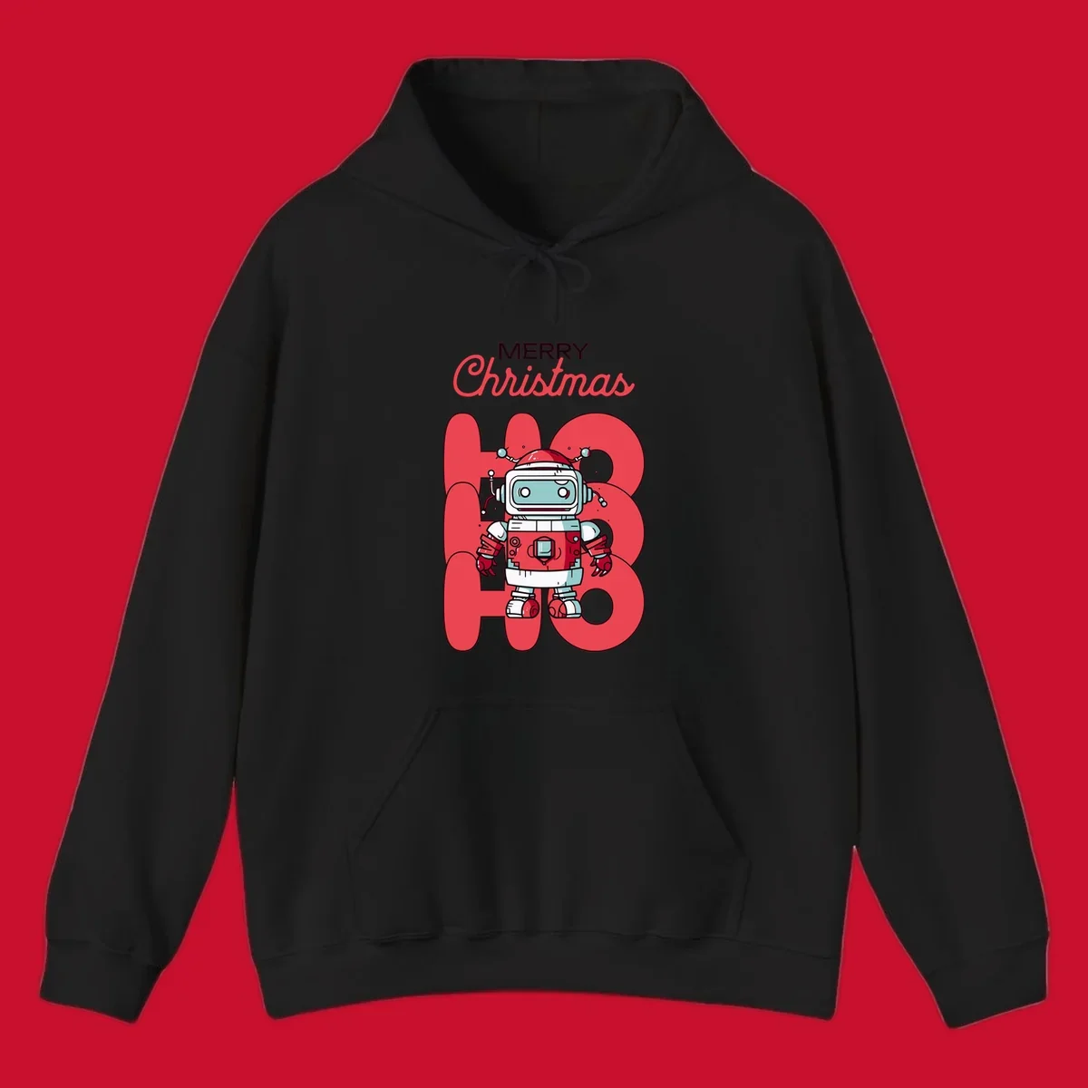 Robot wearing a Santa hat with Merry Christmas text and HO HO HO background.