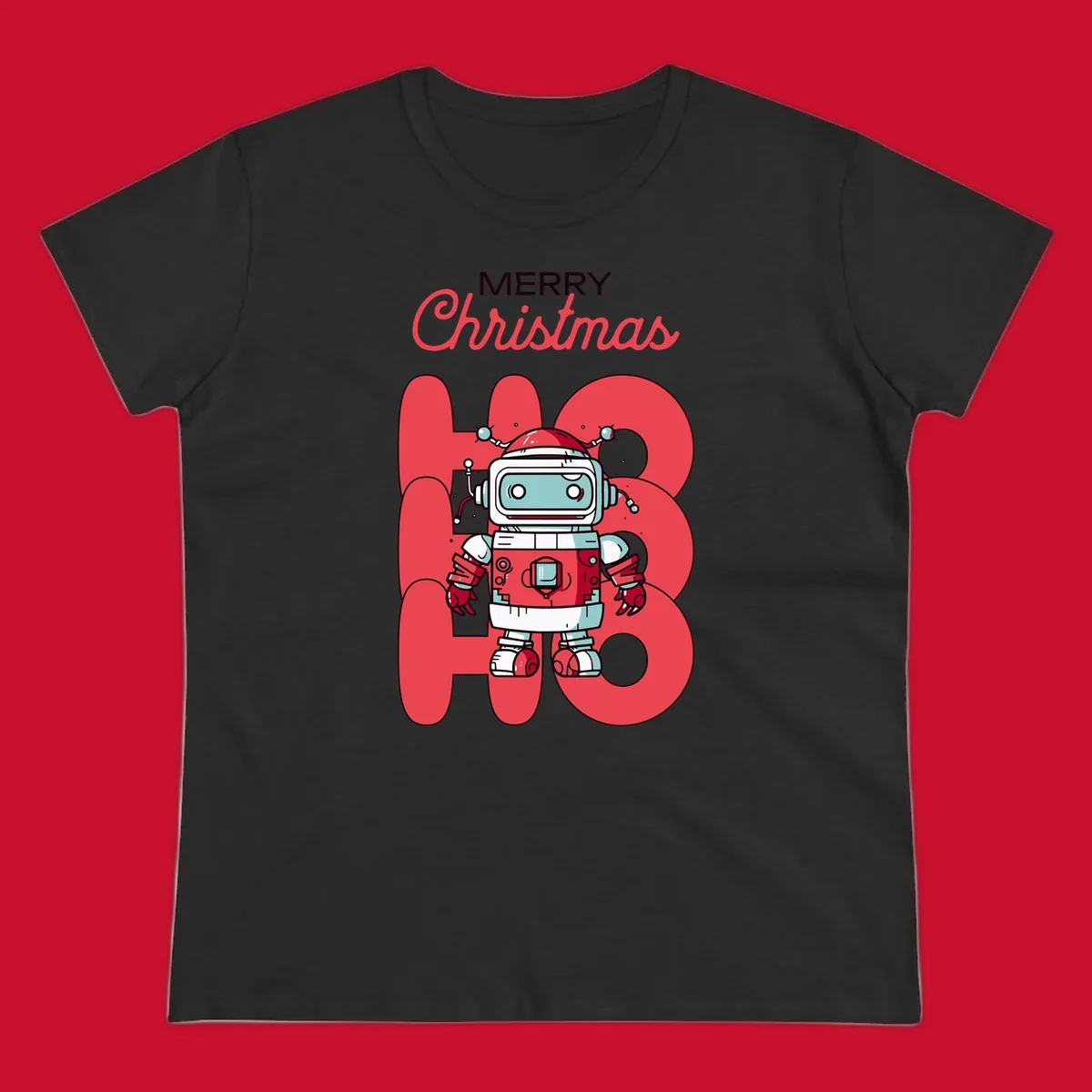 Robot wearing a Santa hat with Merry Christmas text and HO HO HO background.