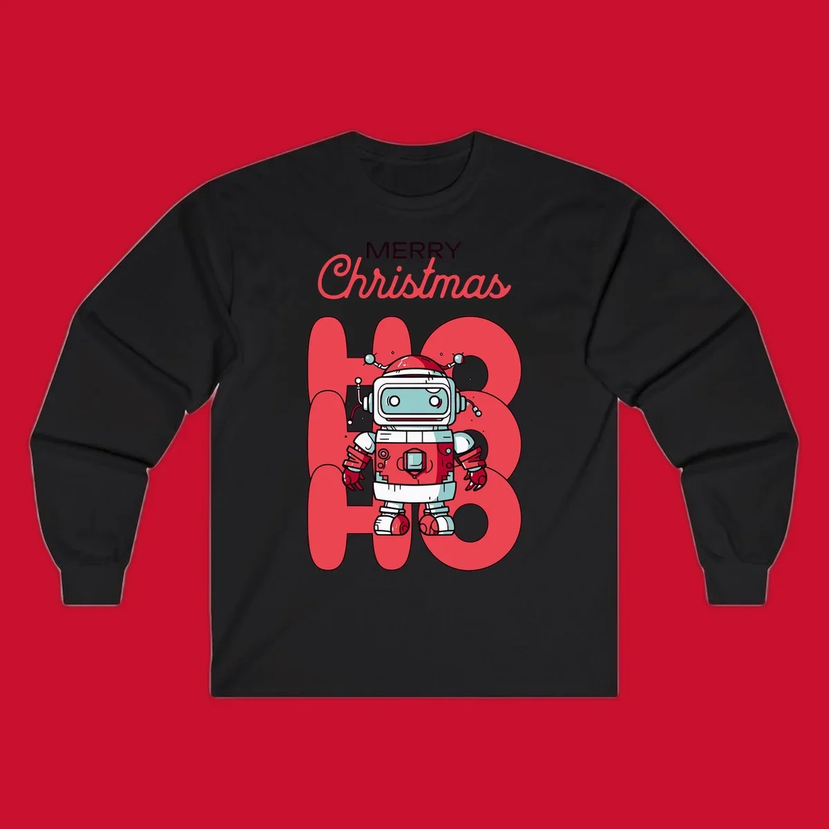 Robot wearing a Santa hat with Merry Christmas text and HO HO HO background.