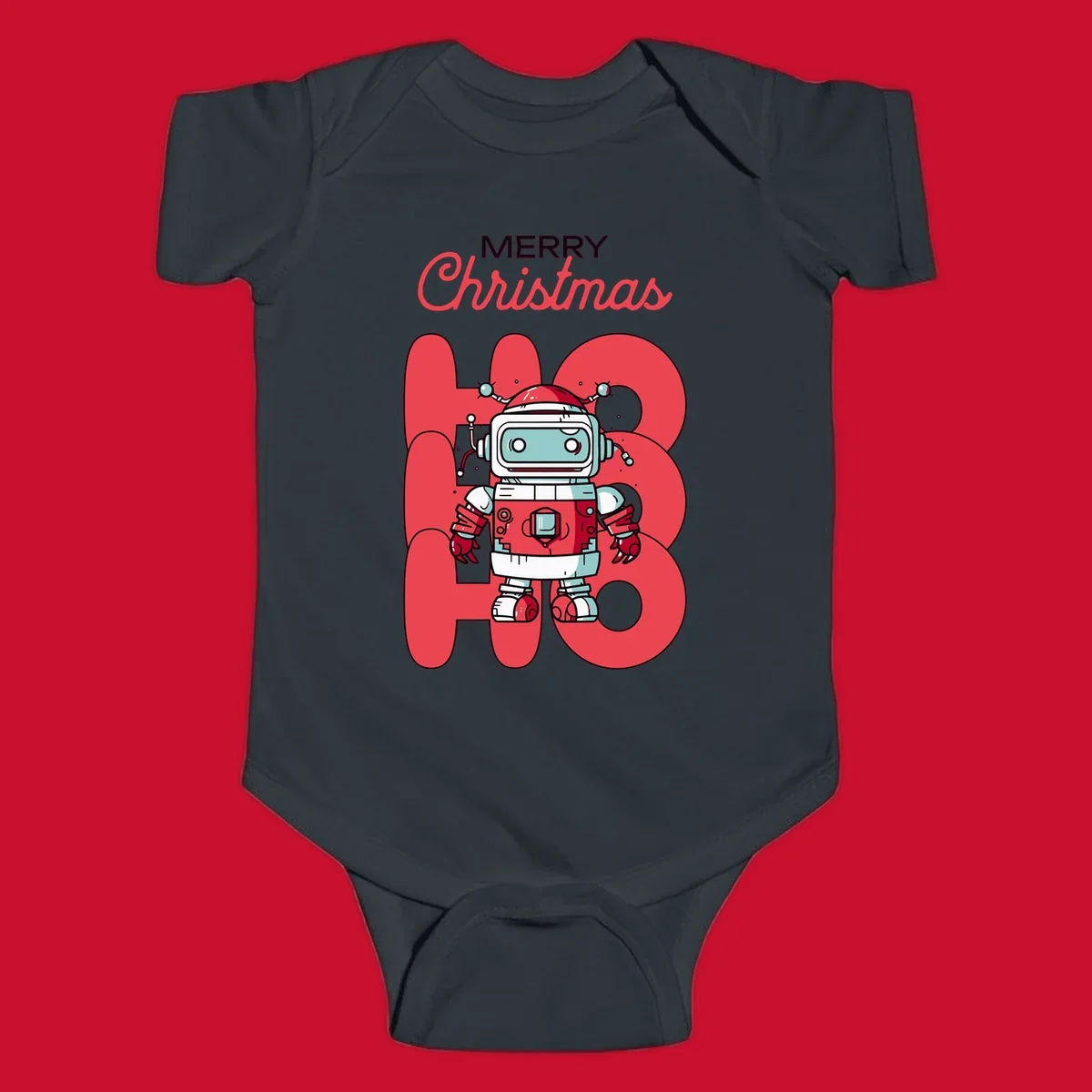 Robot wearing a Santa hat with Merry Christmas text and HO HO HO background.