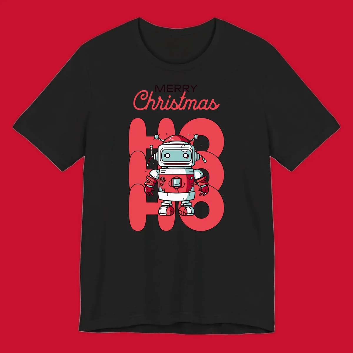 Robot wearing a Santa hat with Merry Christmas text and HO HO HO background.