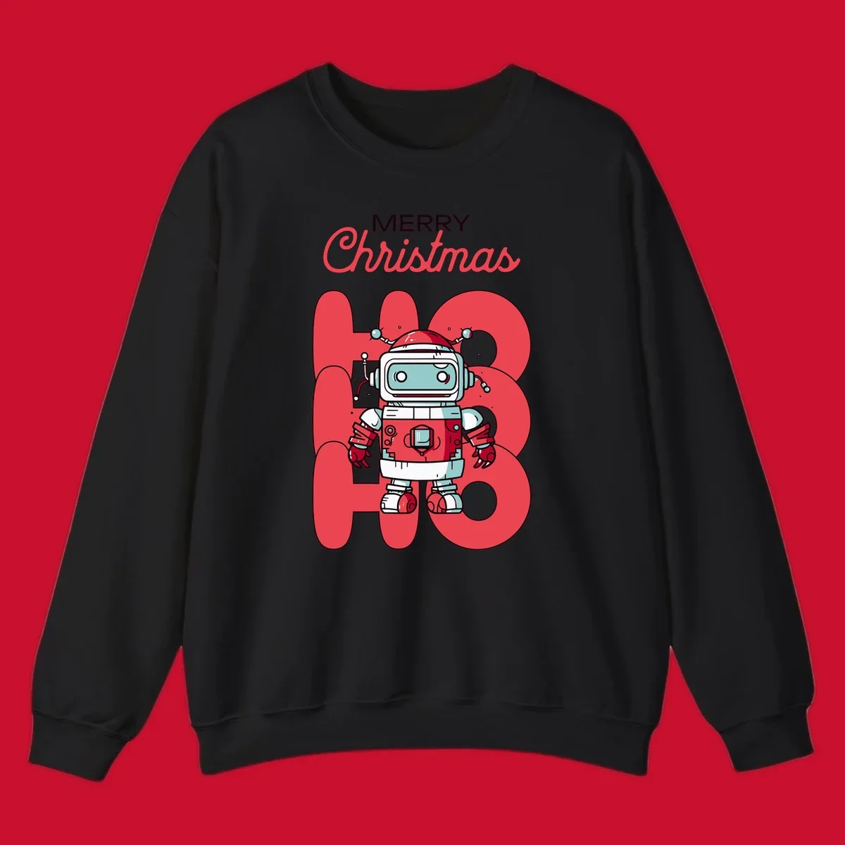 Robot wearing a Santa hat with Merry Christmas text and HO HO HO background.