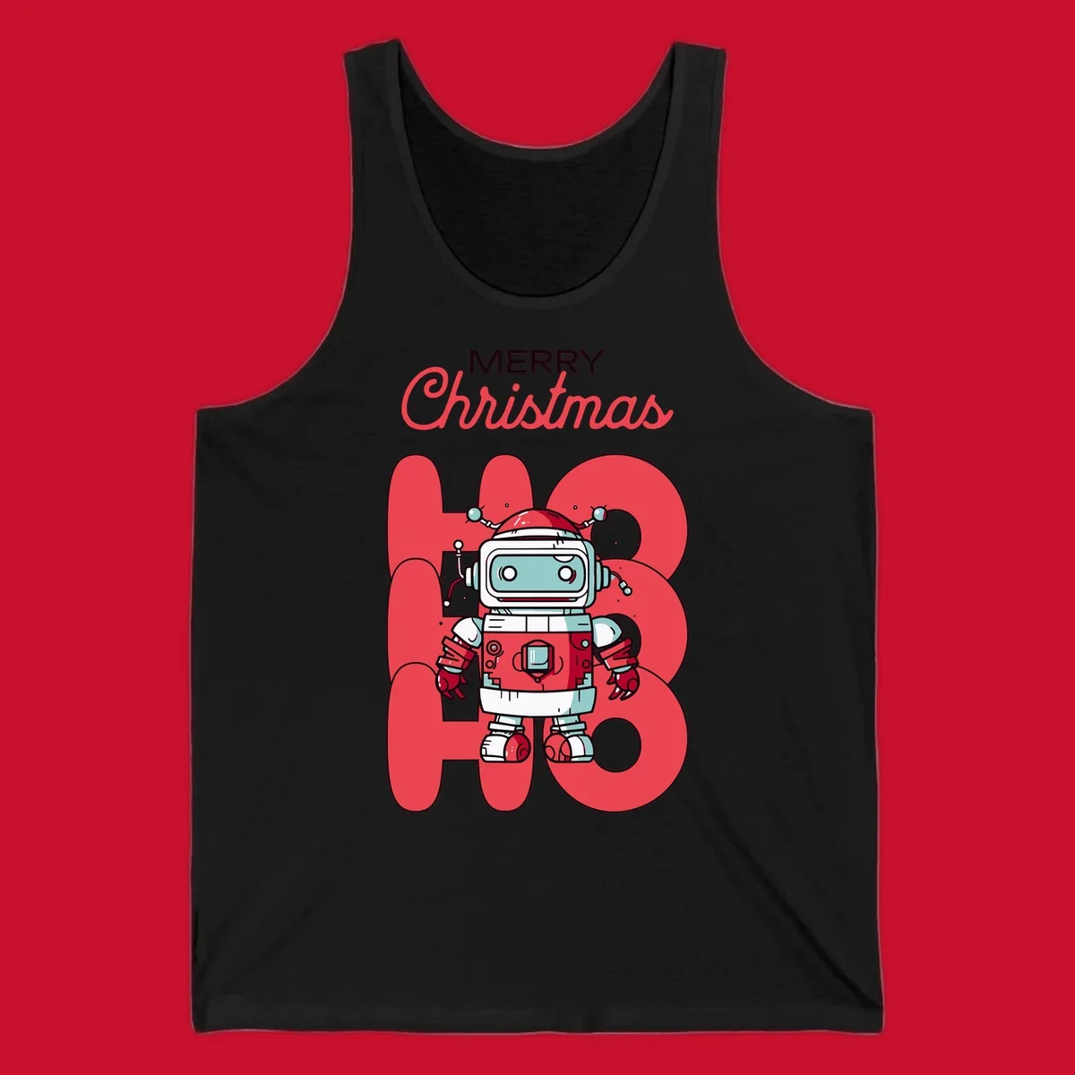 Robot wearing a Santa hat with Merry Christmas text and HO HO HO background.