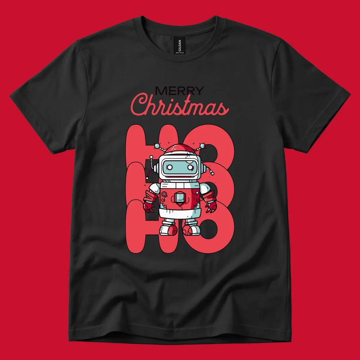 Robot wearing a Santa hat with Merry Christmas text and HO HO HO background.