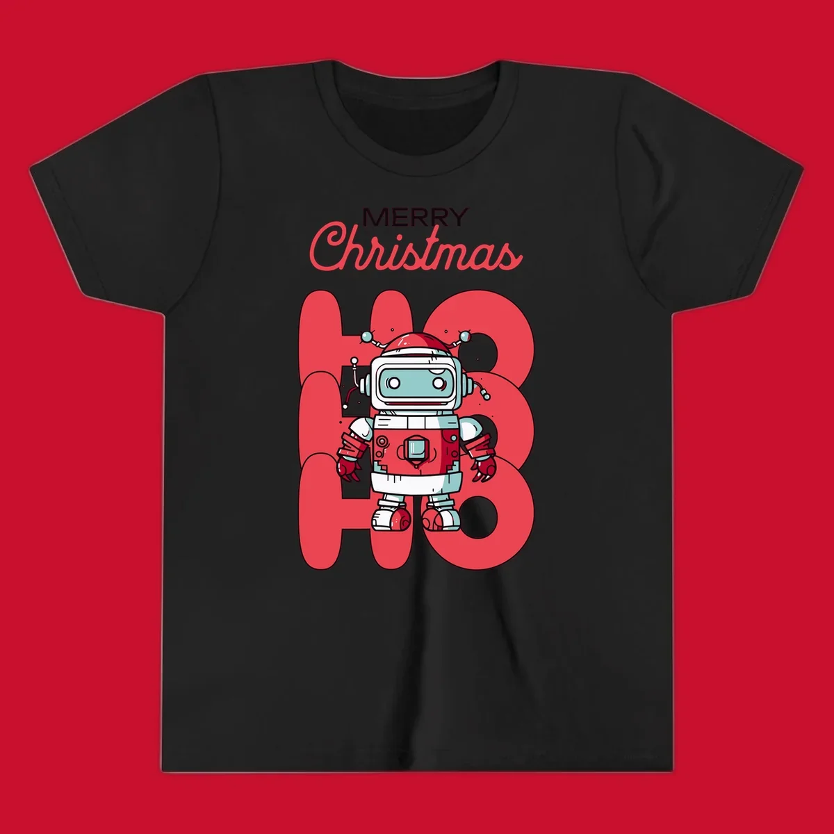 Robot wearing a Santa hat with Merry Christmas text and HO HO HO background.
