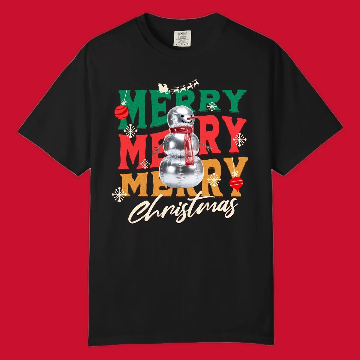 Merry Merry Merry Christmas text with a snowman illustration, snowflakes, and ornaments.