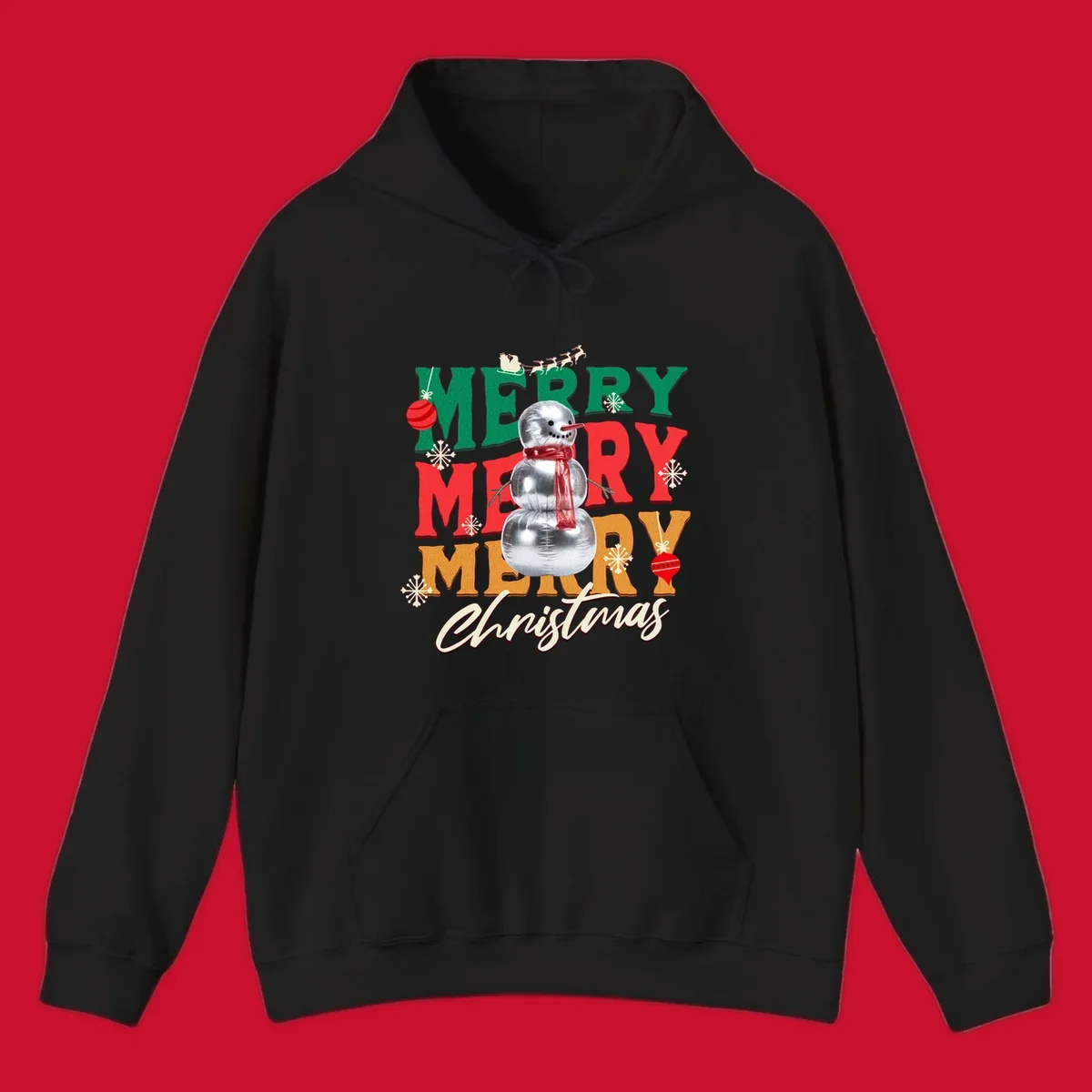 Merry Merry Merry Christmas text with a snowman illustration, snowflakes, and ornaments.