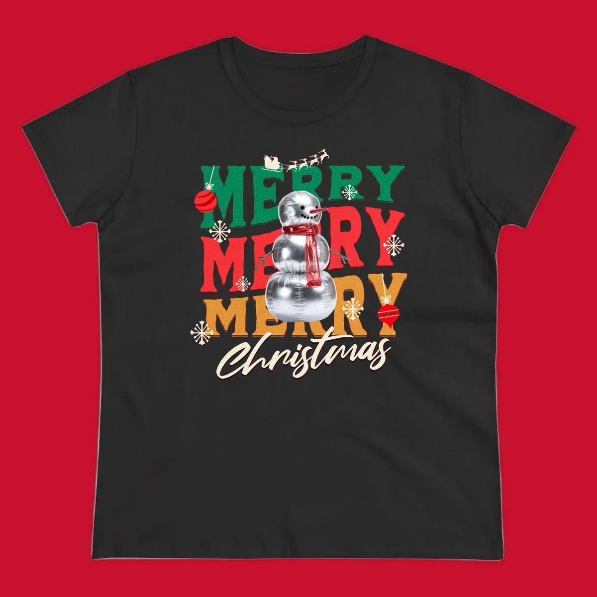 Merry Merry Merry Christmas text with a snowman illustration, snowflakes, and ornaments.