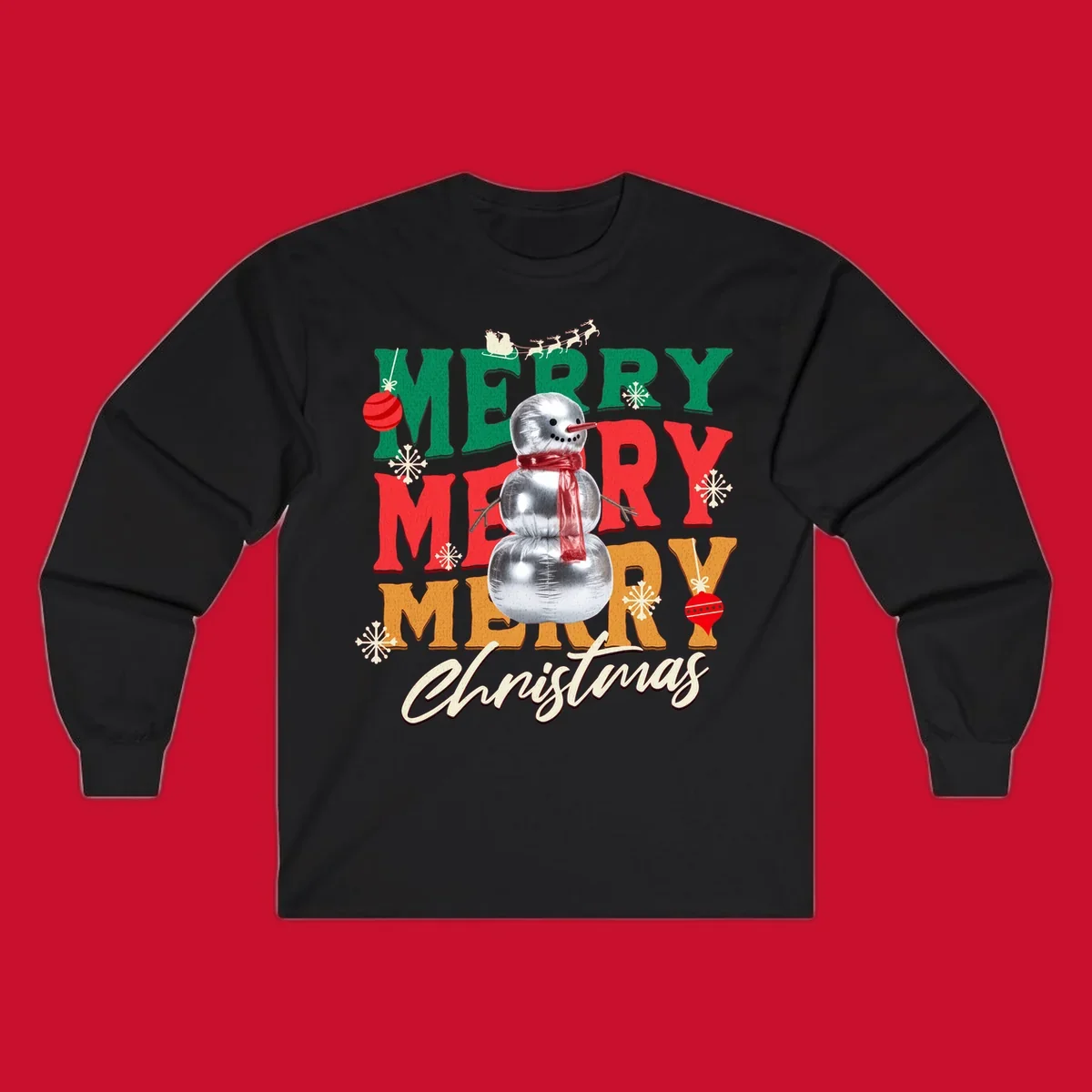 Merry Merry Merry Christmas text with a snowman illustration, snowflakes, and ornaments.