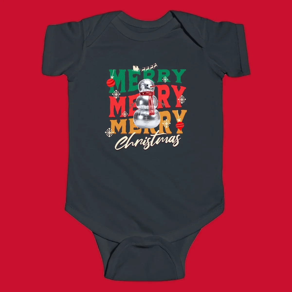 Merry Merry Merry Christmas text with a snowman illustration, snowflakes, and ornaments.