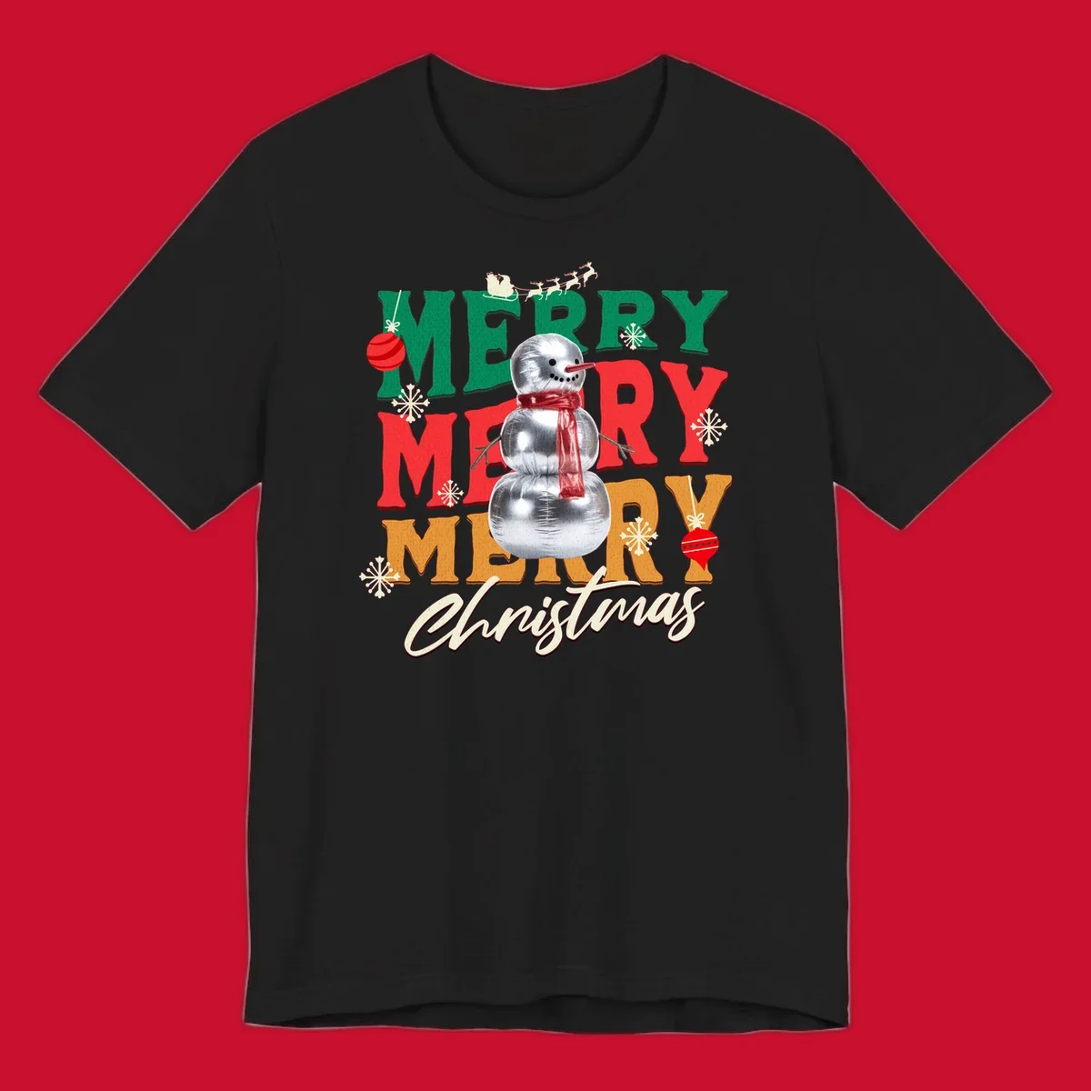 Merry Merry Merry Christmas text with a snowman illustration, snowflakes, and ornaments.