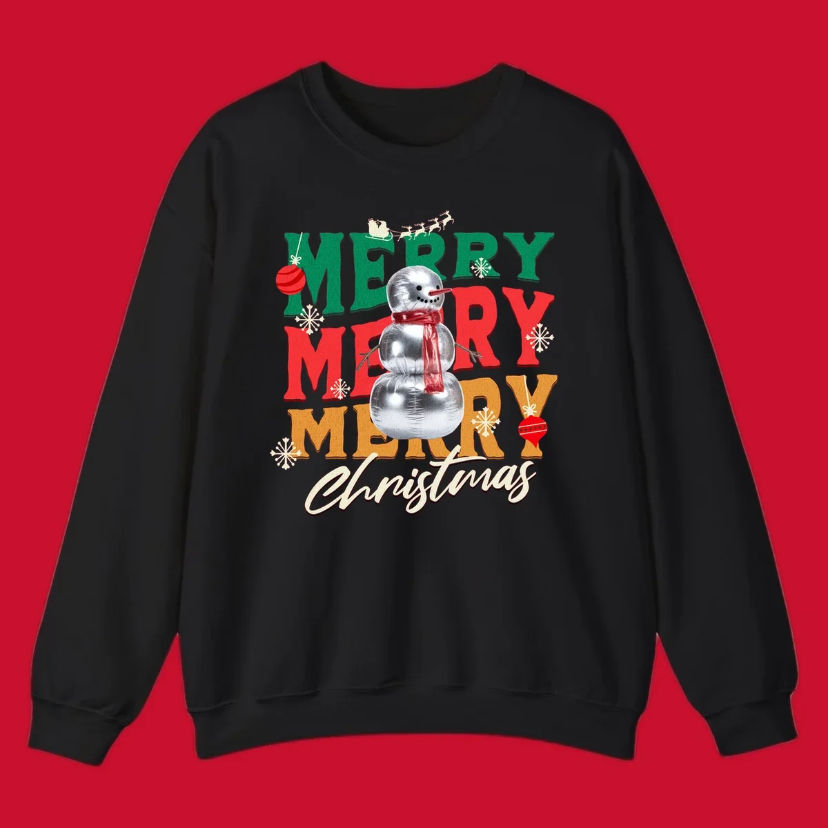 Merry Merry Merry Christmas text with a snowman illustration, snowflakes, and ornaments.