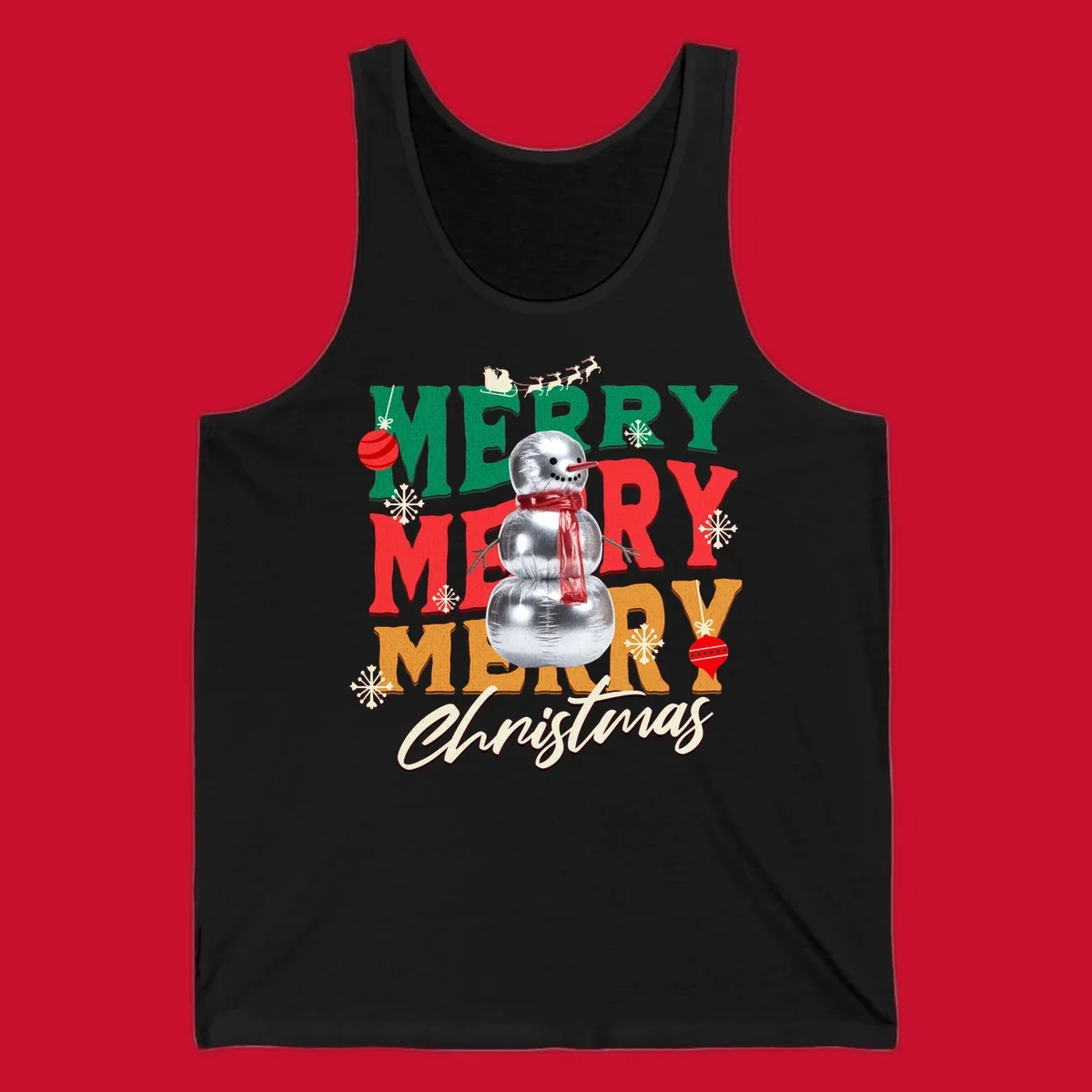 Merry Merry Merry Christmas text with a snowman illustration, snowflakes, and ornaments.
