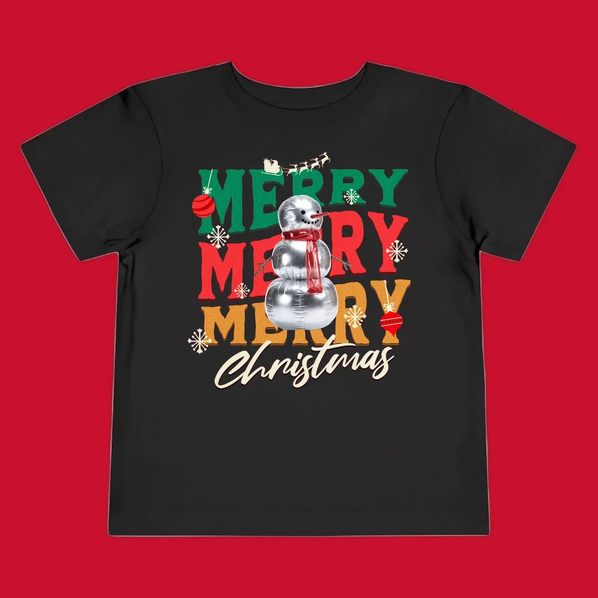 Merry Merry Merry Christmas text with a snowman illustration, snowflakes, and ornaments.