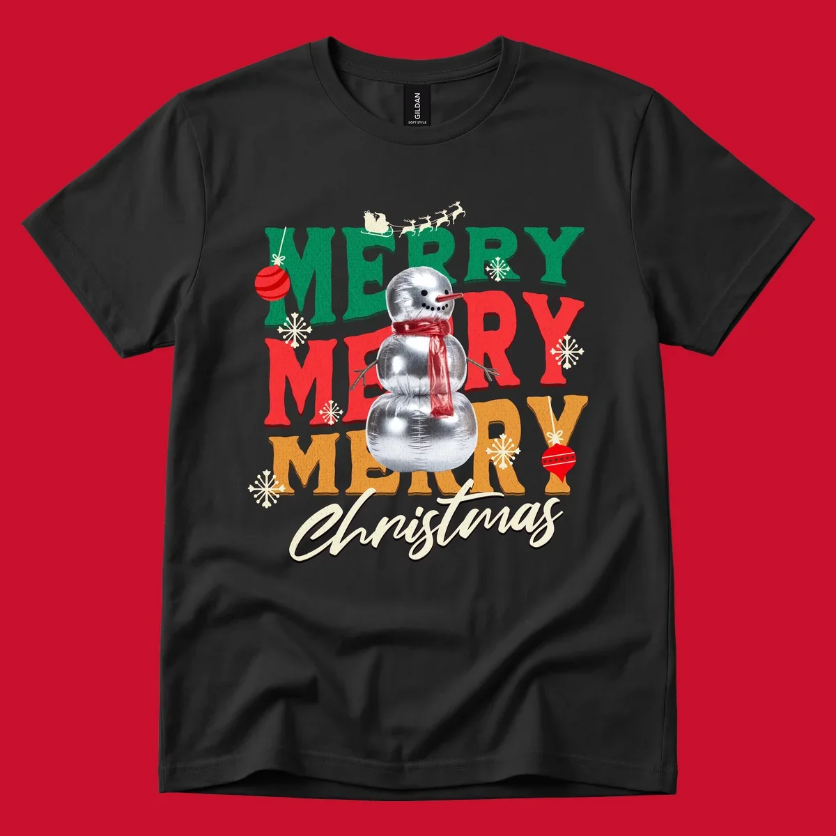 Merry Merry Merry Christmas text with a snowman illustration, snowflakes, and ornaments.