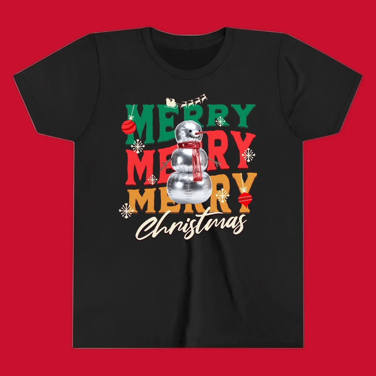Merry Merry Merry Christmas text with a snowman illustration, snowflakes, and ornaments.