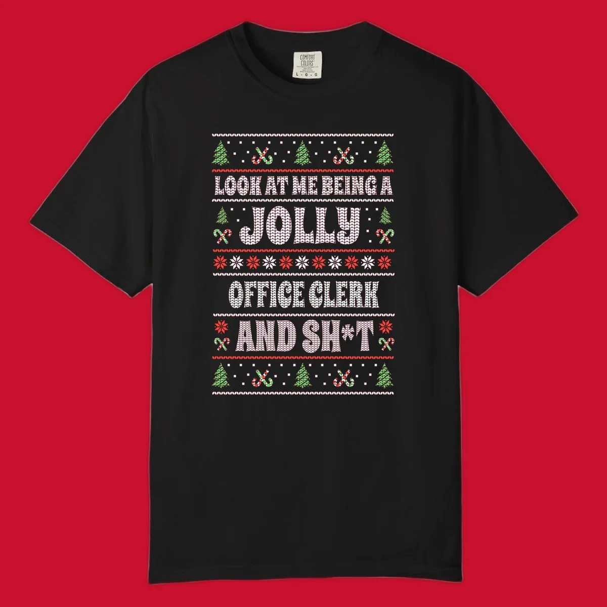 Jolly office clerk and shit text with Christmas trees and candy canes