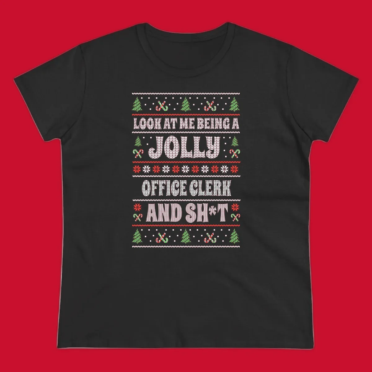 Jolly office clerk and shit text with Christmas trees and candy canes