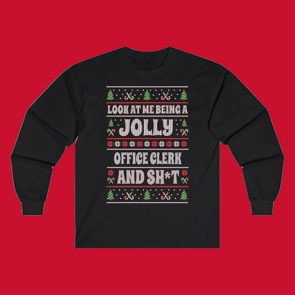 Jolly office clerk and shit text with Christmas trees and candy canes