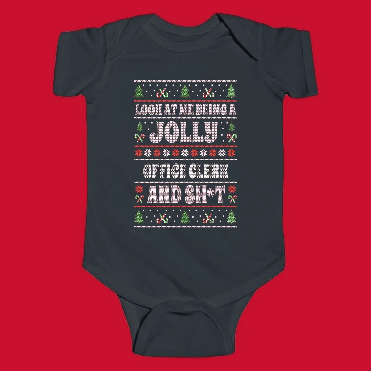 Jolly office clerk and shit text with Christmas trees and candy canes