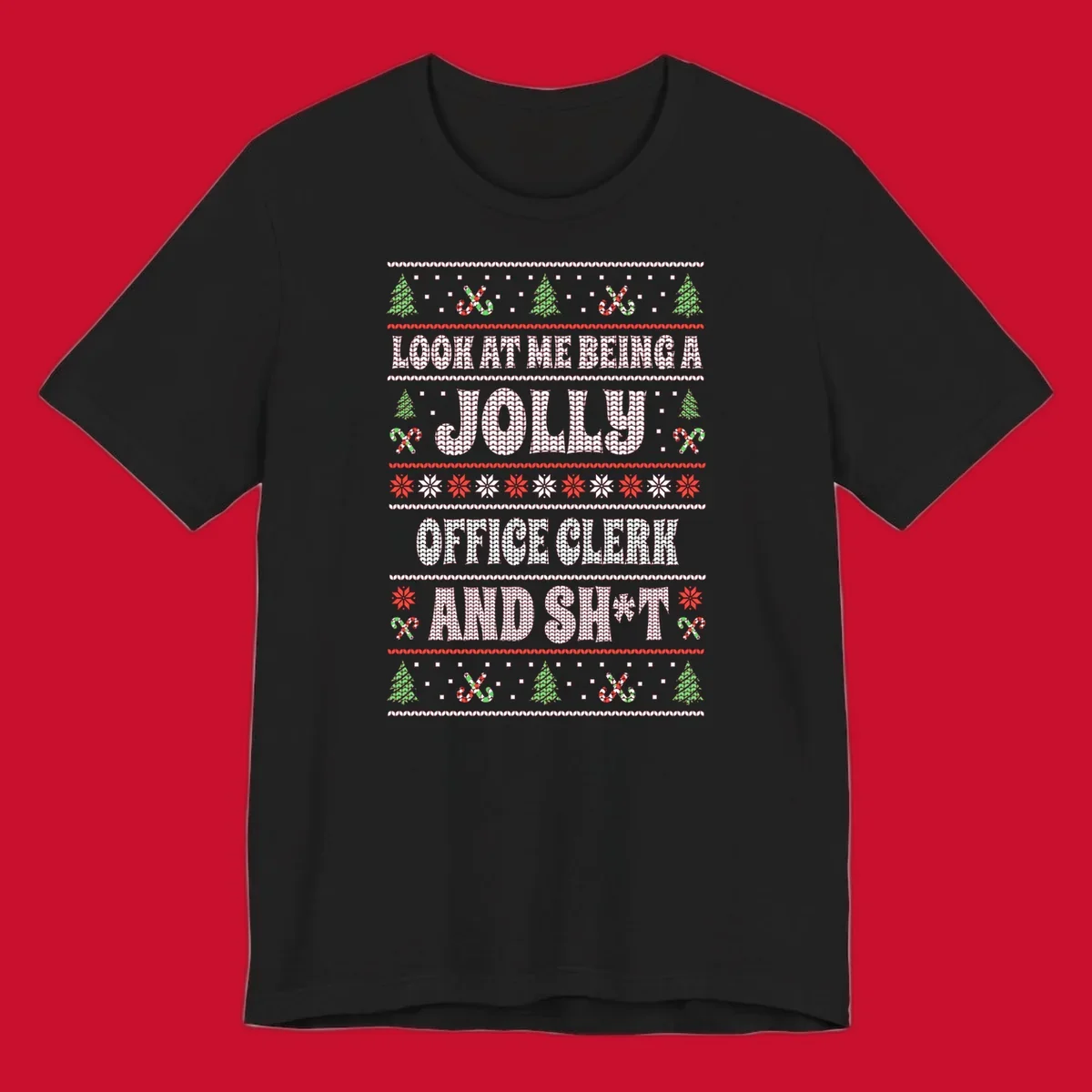 Jolly office clerk and shit text with Christmas trees and candy canes