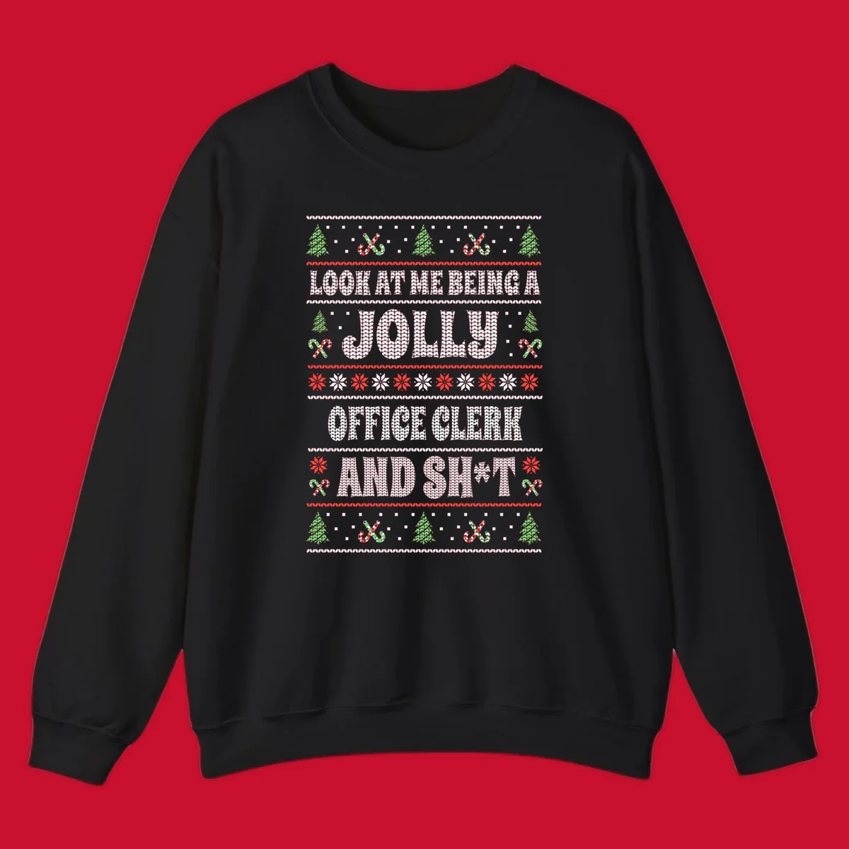 Jolly office clerk and shit text with Christmas trees and candy canes