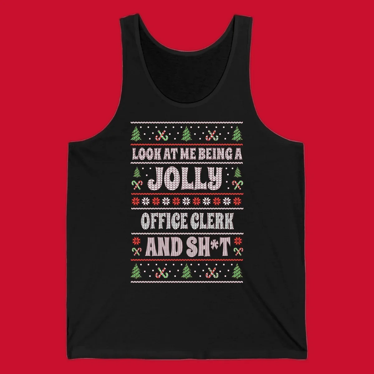Jolly office clerk and shit text with Christmas trees and candy canes