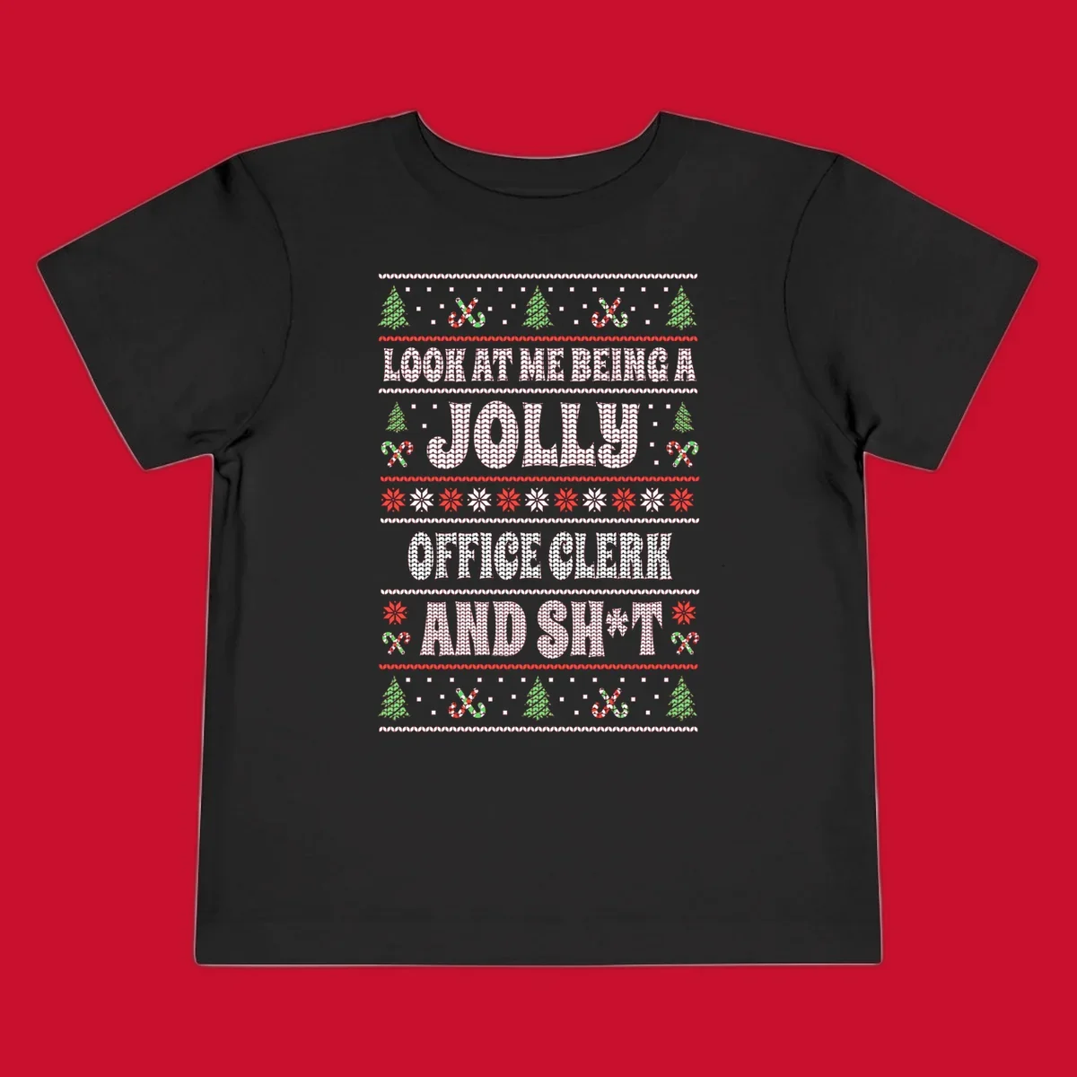 Jolly office clerk and shit text with Christmas trees and candy canes