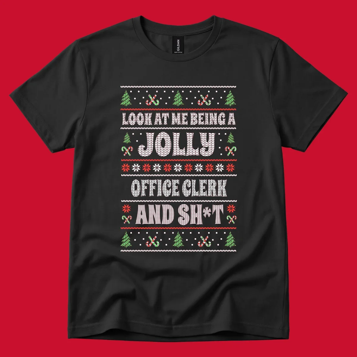 Jolly office clerk and shit text with Christmas trees and candy canes