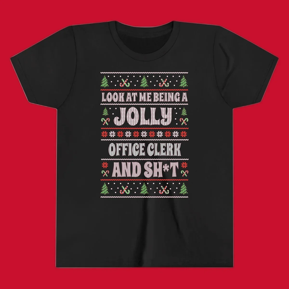 Jolly office clerk and shit text with Christmas trees and candy canes