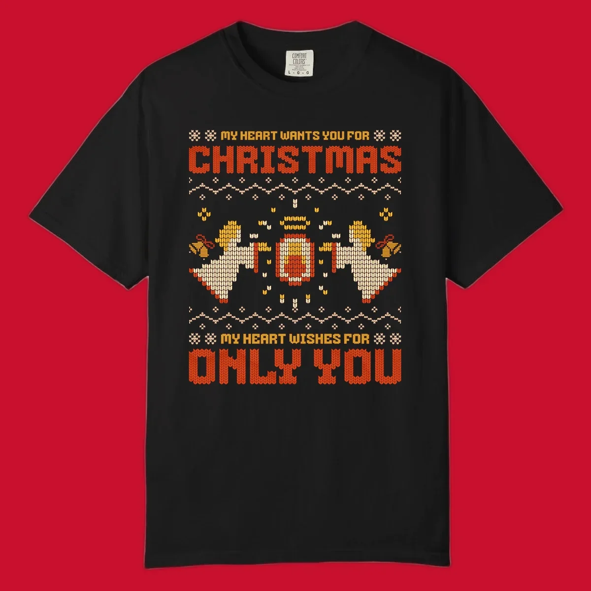 Christmas angel wish design with text and festive motifs.