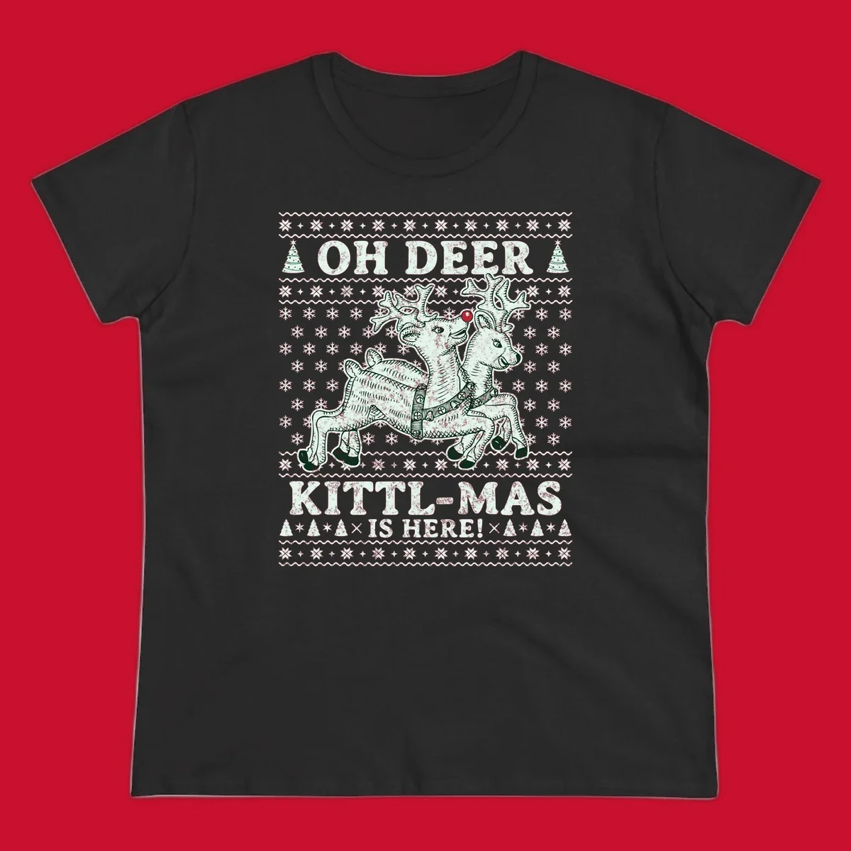 Oh Deer Kittl-Mas reindeer illustration with snowflakes and Christmas trees.
