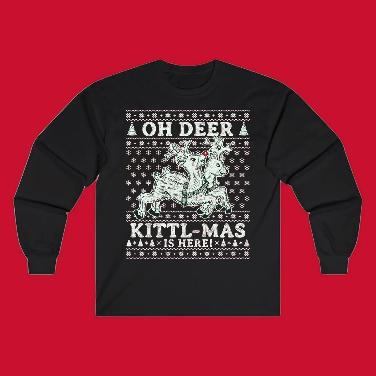 Oh Deer Kittl-Mas reindeer illustration with snowflakes and Christmas trees.
