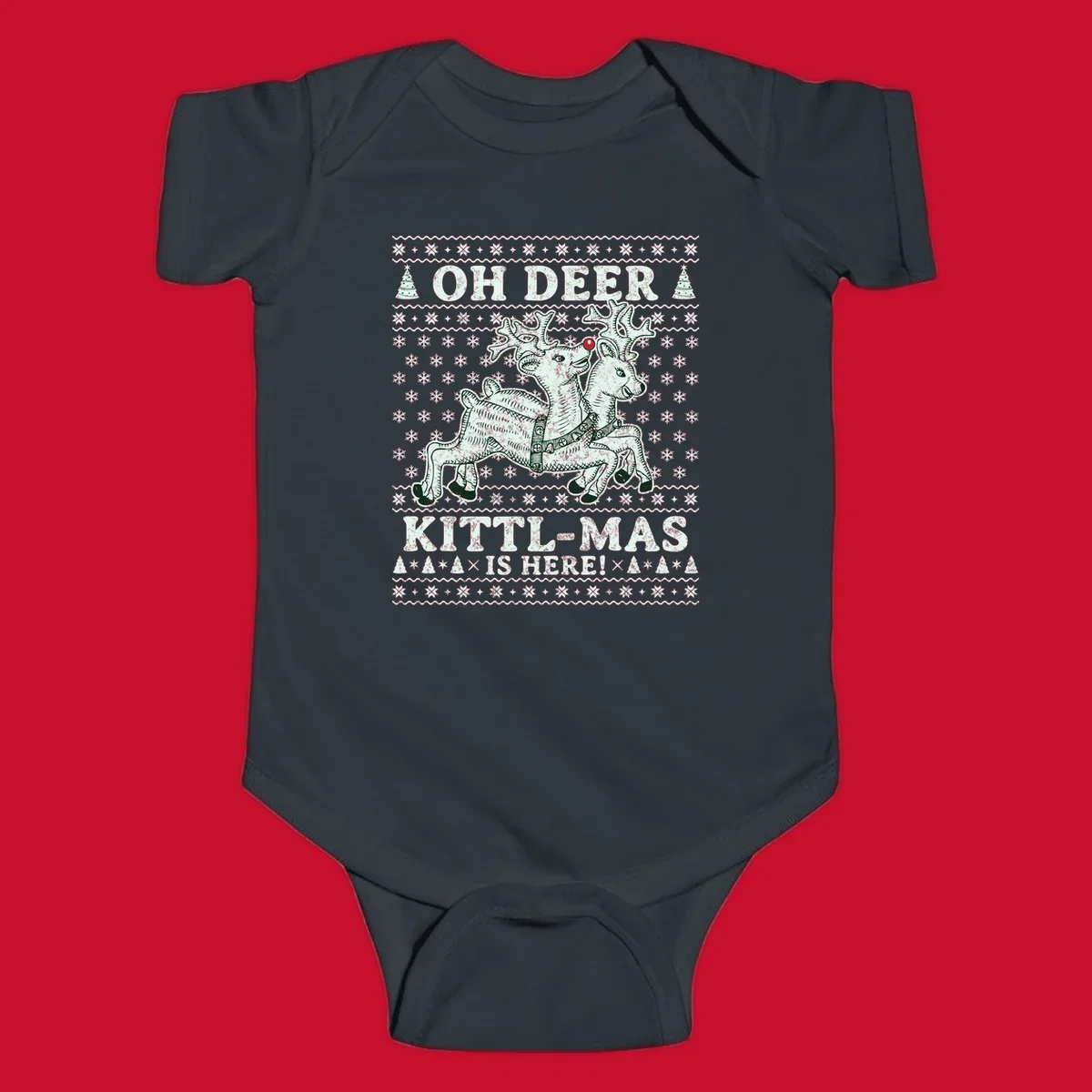 Oh Deer Kittl-Mas reindeer illustration with snowflakes and Christmas trees.