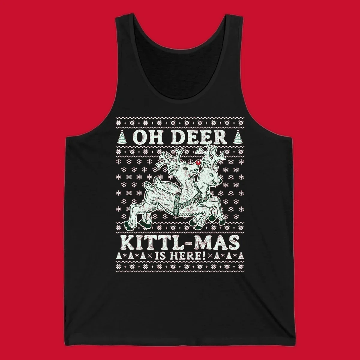 Oh Deer Kittl-Mas reindeer illustration with snowflakes and Christmas trees.